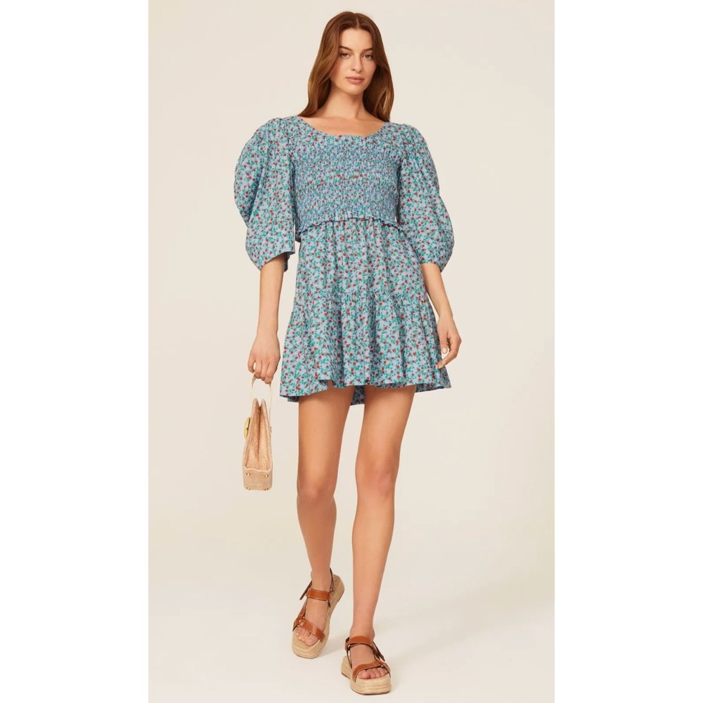 Sea New York Lilly Smocked Floral Mini Dress Puff Sleeve Cotton Size S